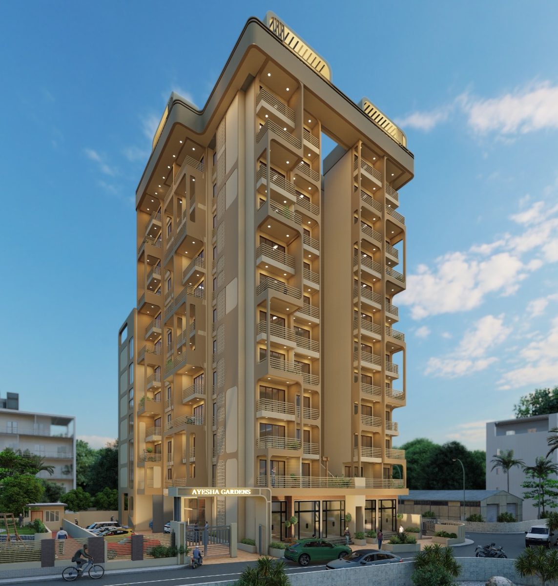 Ayesha Gardens at dusk, a lit residential tower with ground-floor shops