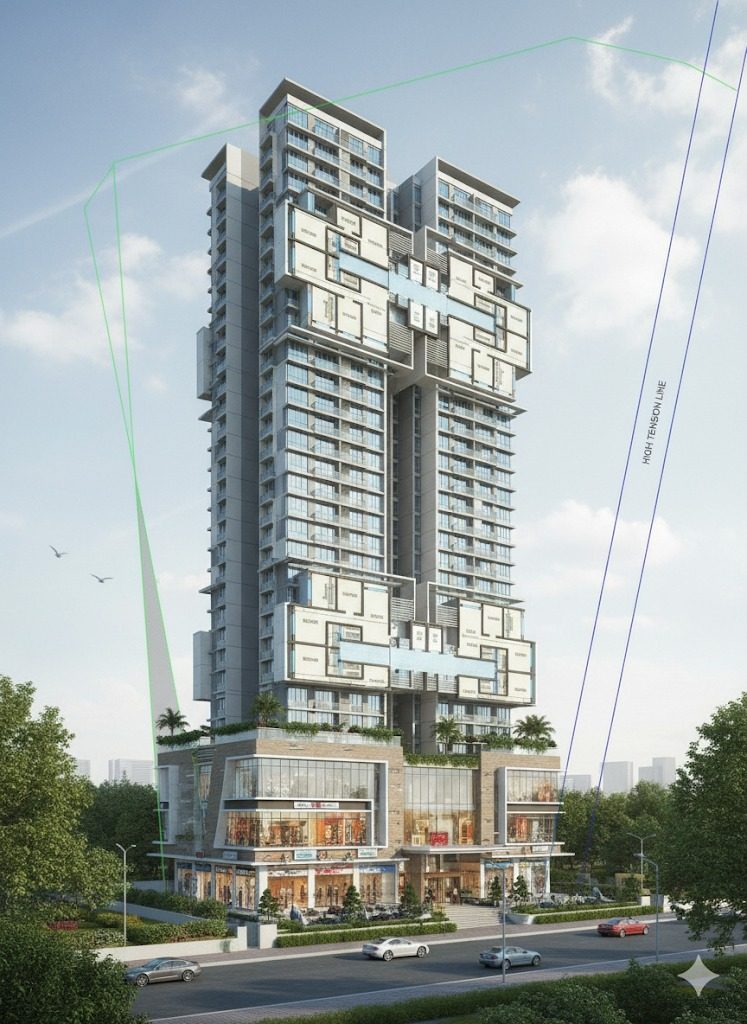Rendering of The Crest tower rising above a two-level retail podium beside a wide road