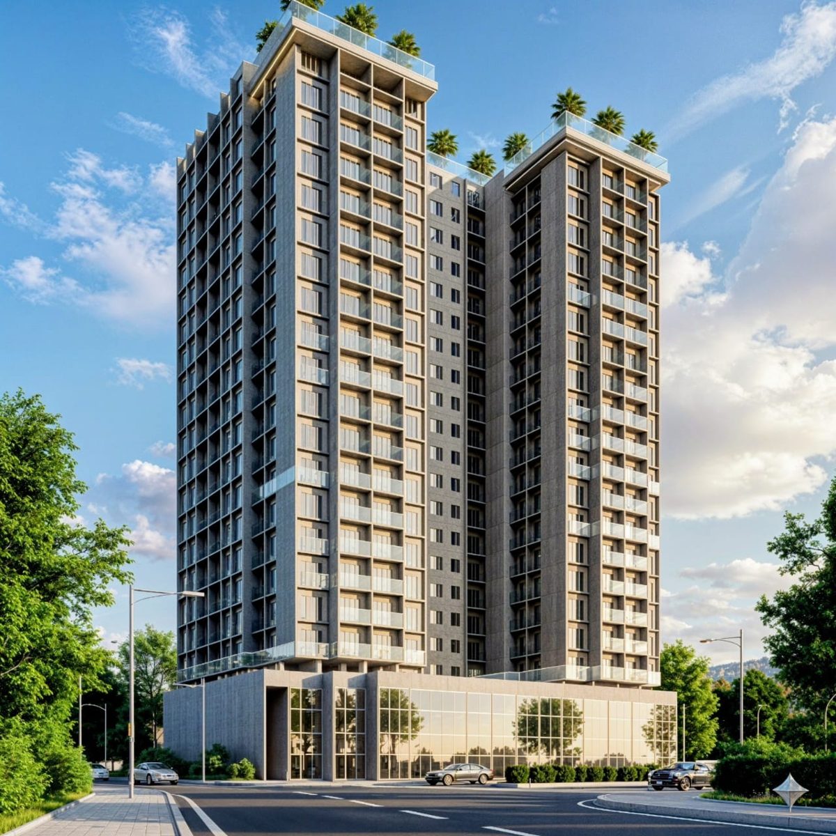 Architectural rendering of The Crest, a twin-wing G+20 residential tower with a glass-fronted retail podium